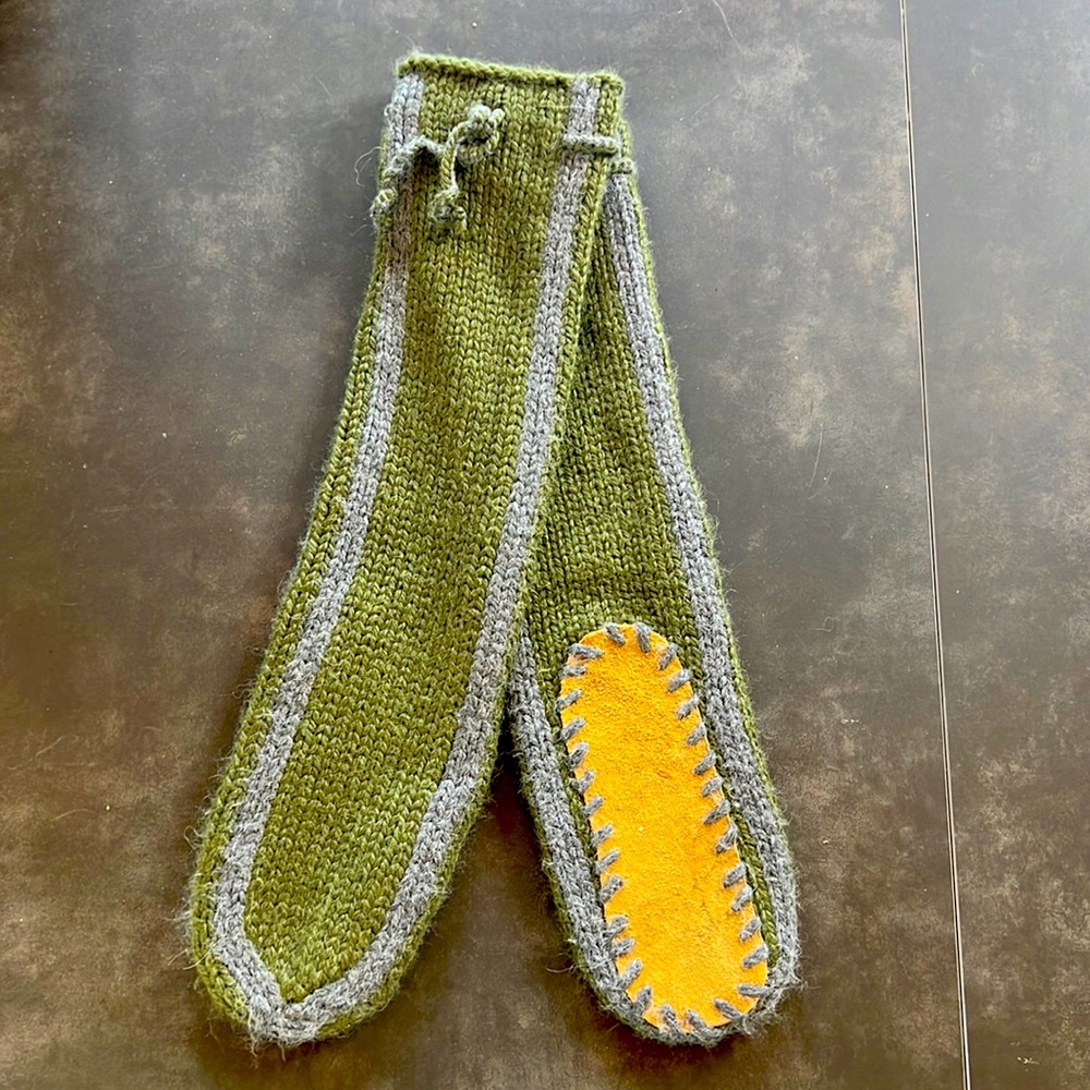 The Elder Statesman Olive and Gray Knit Slippers with Yellow Sole Patch